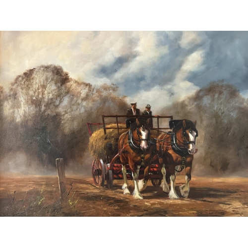 1805 - John Trickett (b.1952) - Horses pulling a hay wagon, oil on canvas, signed below, 61 x 76 cm, frame ... 