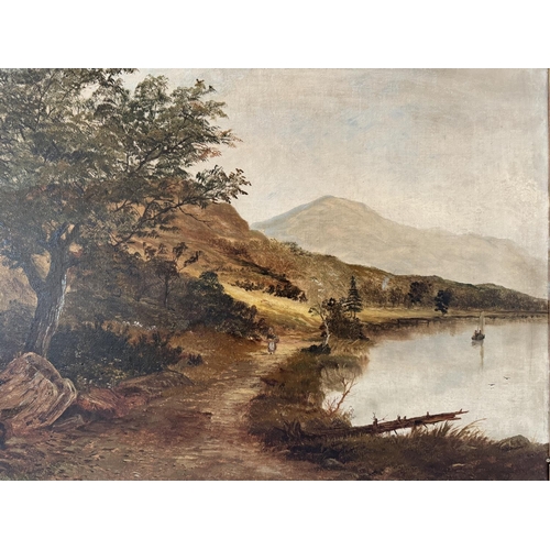 1807 - James Edwards (British, 1820-1888) - Meandering path beside a lake, with figures on a boat and mount... 