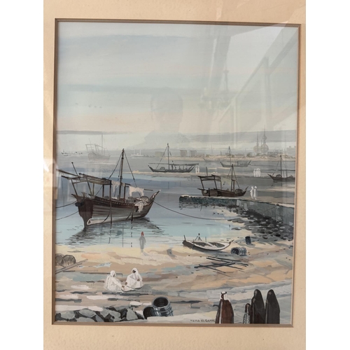 1816 - Taha El Gamal (20th Century) Two gouache paintings depicting: Fishing boats on the shoreline and a d... 