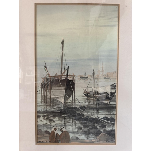 1816 - Taha El Gamal (20th Century) Two gouache paintings depicting: Fishing boats on the shoreline and a d... 