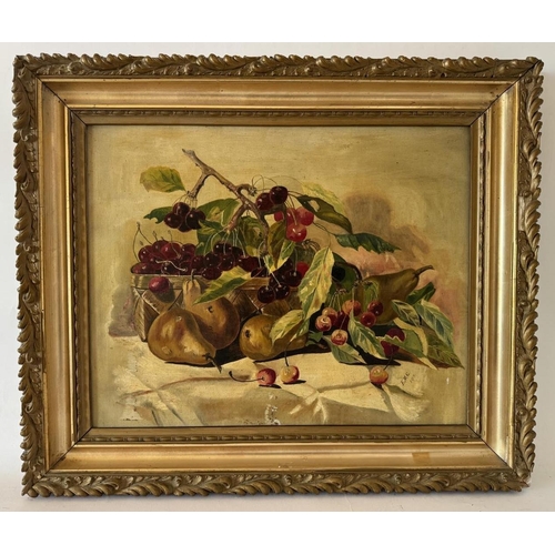 1824 - E.M.C. (20th Century) - Still life with a basket of cherries and pears (1912), oil on canvas, signed... 