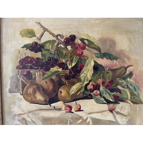 1824 - E.M.C. (20th Century) - Still life with a basket of cherries and pears (1912), oil on canvas, signed... 