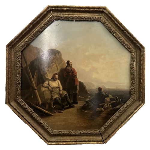 1836 - Attributed to William I Shayer (1787-1879) - Castaway Smugglers, oil on octagonal cast iron panel, u... 