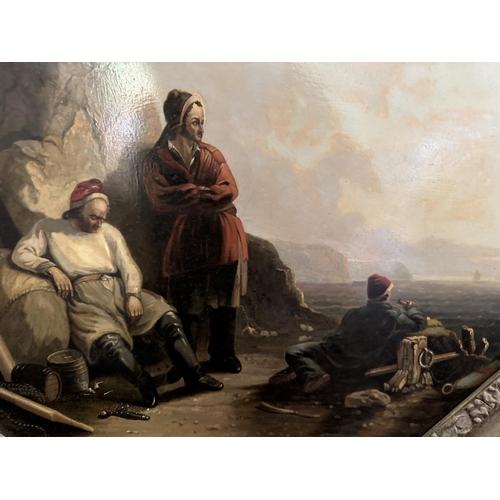 1836 - Attributed to William I Shayer (1787-1879) - Castaway Smugglers, oil on octagonal cast iron panel, u... 