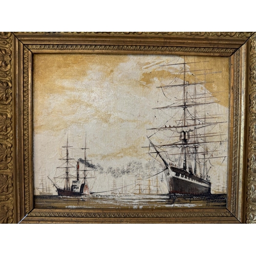 1880 - British School, 19th/Early 20th Century - Paddle wheel steam tug towing a naval ship, oil on canvas ... 