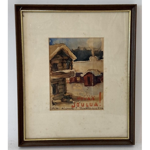 1888 - A 19th century Finnish Christmas watercolour and ink painting with note that reads: 'Merry Christmas... 