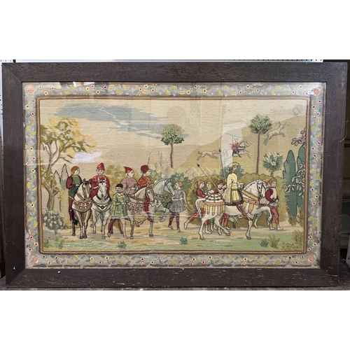 1897 - A large medieval style 20th century wool work, depicting a hunting scene with a floral border, frame... 