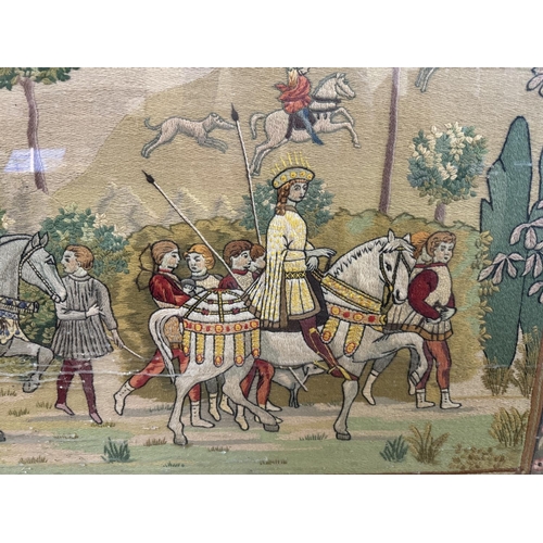 1897 - A large medieval style 20th century wool work, depicting a hunting scene with a floral border, frame... 