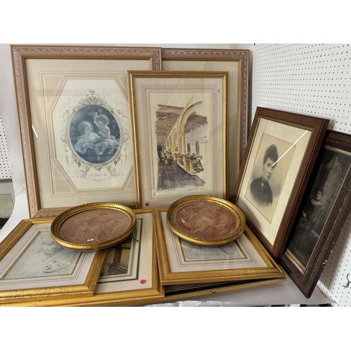 1913 - A group of fourteen decorative framed works, to include: Alverin Roger - watercolour market scene (1... 