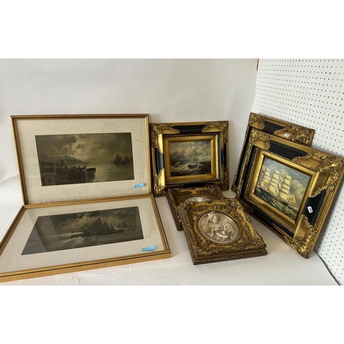 1916 - A group of seven framed works, to include: Two scenes of sailboats and figures on the shoreline, 46 ... 