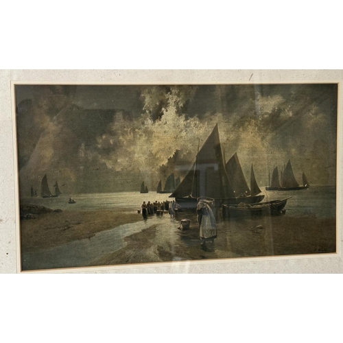 1916 - A group of seven framed works, to include: Two scenes of sailboats and figures on the shoreline, 46 ... 