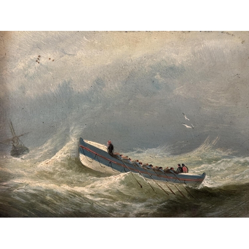 1917 - 19th Century School - Marine scene with seamen rowing on stormy seas (possibly escaping the wrecked ... 