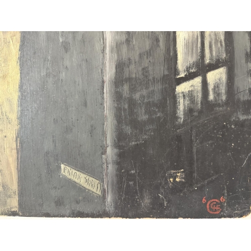 1944 - Godfrey Cake (20th Century) - Industrial town rooftop view - Friar Street (1966), oil on board, sign... 