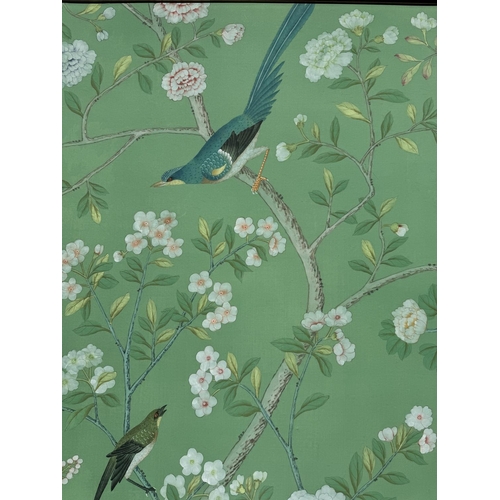 1950 - A large 20th century Chinese decorative watercolour on silk painting depicting exotic bird resting o... 