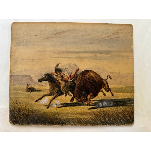 1887 - Buffalo Hunt Chase (19th Century), watercolour on paper depicting an American Indian on horseback hu... 