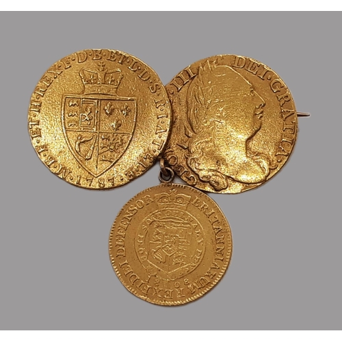 201A - George III 1760-1820, Three gold coins mounted as a pendant brooch, comprising 1775 Guinea, 1787 Gui... 