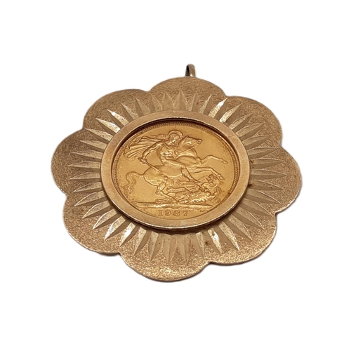 263 - Elizabeth II, 1952-2022. Sovereign, 1967. In 9ct yellow gold pendant mount. 14g (gross weight) (1 co... 