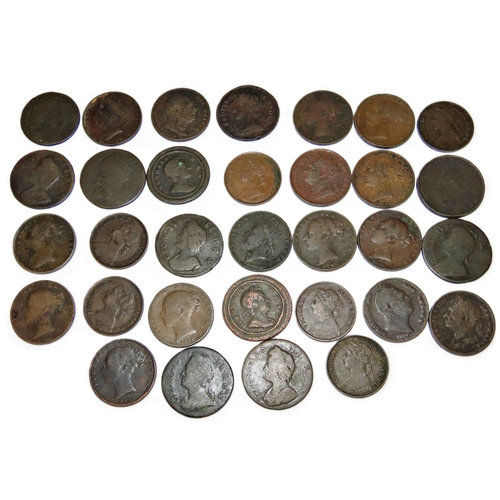 328 - A collection of Charles II, William and Mary, George I, George II and later Farthings, 1675, 1694, 1... 