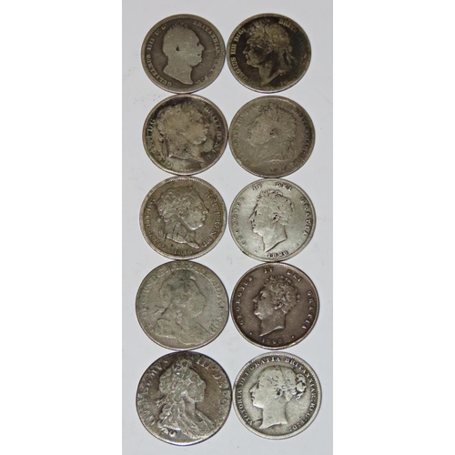 338 - William III and later shillings, 1698, 1723 sac, 1816, 1820, 1825, 1826, 1821, 1824, 1836, 1886 (10 ... 