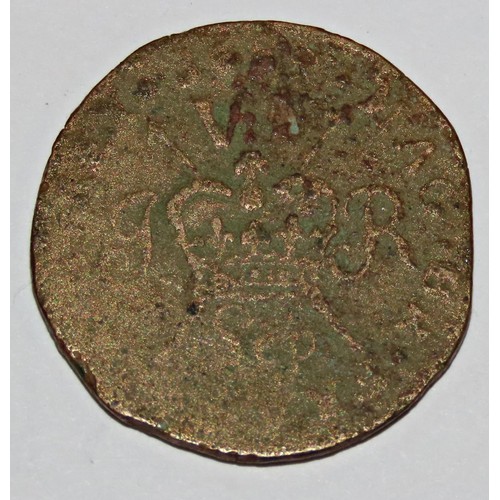 343 - Charles II Maundy threepence, James II gunmoney sixpence, Irish 10 pence bank token 1813 and 5 pence... 