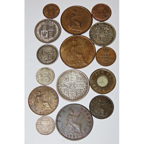 344 - A collection of Victorian coins to include godless florin 1849, shilling 1894, third farthing with l... 