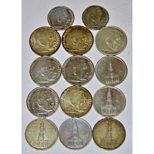 347 - A collection of German 1930’s 5 Reichsmark including Paul von Hindenberg and Potsdam Garrison Church... 