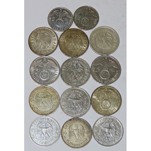 347 - A collection of German 1930’s 5 Reichsmark including Paul von Hindenberg and Potsdam Garrison Church... 