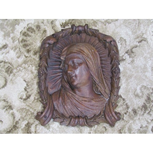 758 - A 19th century carved wood study of the Virgin Mary wall plaque,