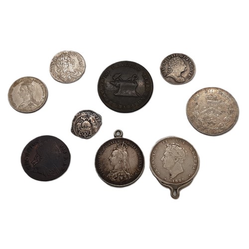 382 - Charles II Maundy fourpence 1680, Gloucester silver twelvepence, token 1811, other token, hammered c... 