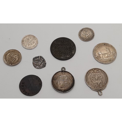 382 - Charles II Maundy fourpence 1680, Gloucester silver twelvepence, token 1811, other token, hammered c... 