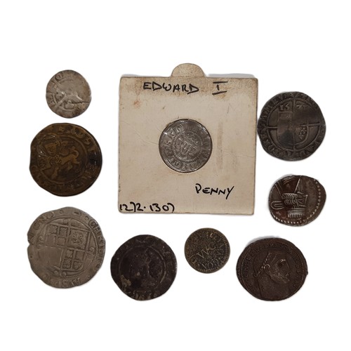 384 - Charles I shilling, mm. triangle, Elizabeth I sixpences 1570, 1578, Edward IV Durham mint penny, Edw... 