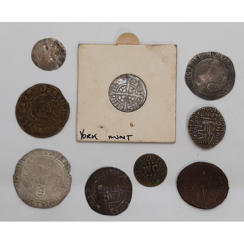 384 - Charles I shilling, mm. triangle, Elizabeth I sixpences 1570, 1578, Edward IV Durham mint penny, Edw... 