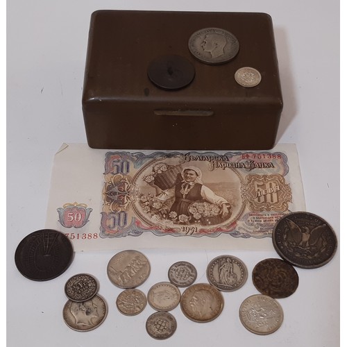 386 - A small collection of world coins to include an American ‘Morgan’ type dollar 1878, etc, in an old S... 