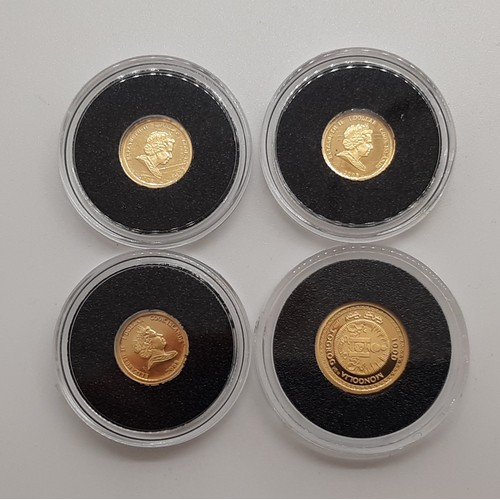 390 - Four miniature gold coins: ‘The Royal Lion Cook Islands 1 Dollar 2008 x 3 and Mongolia, 1000 Togrog.... 