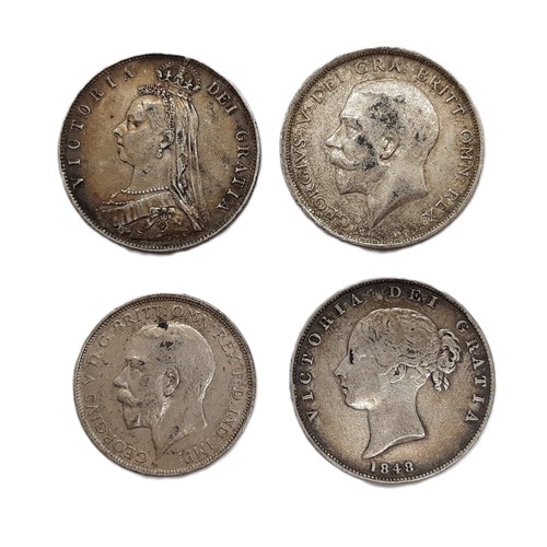 374 - Victoria 1837-1901, Halfcrowns 1848, 1892, George V 1910-36 Halfcrown 1915, Florin 1914. (4 coins).