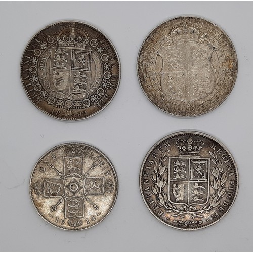 374 - Victoria 1837-1901, Halfcrowns 1848, 1892, George V 1910-36 Halfcrown 1915, Florin 1914. (4 coins).