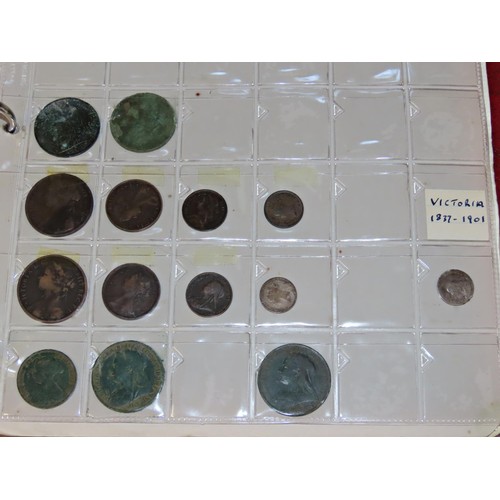 410 - A red collecting folder containing an assortment of English silver and copper coins, Charles II, Geo... 