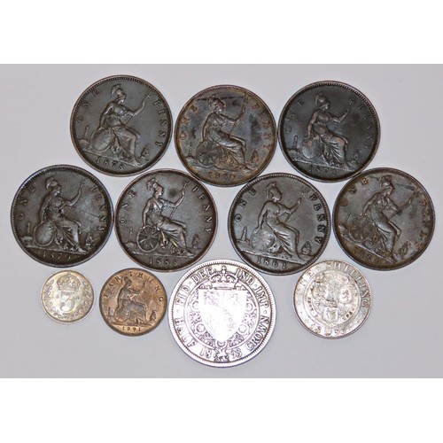 412 - Victoria 1937-91, Halfcrown and Shilling, 1893, Threepence 1887, Pennies, Fathing etc. (11 coins).