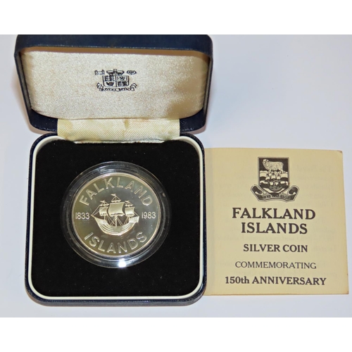 414 - Royal Mint and other Falkland Island cased commemorative silver coins to include Royal Mint 100th An... 