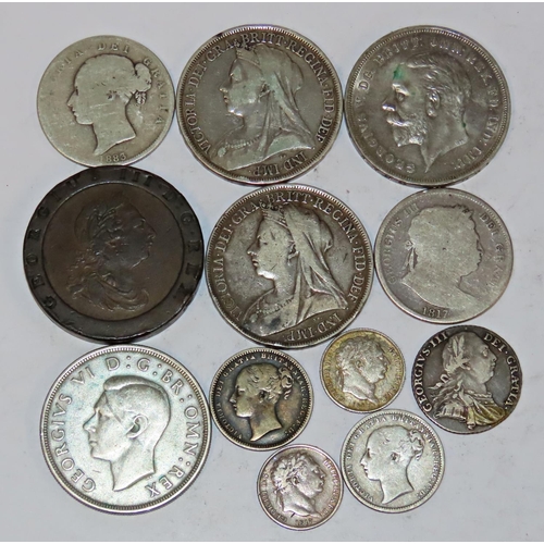 415 - A mixed selection of mostly silver British coinage, George III and later to include Crowns 1893, 189... 