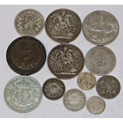 415 - A mixed selection of mostly silver British coinage, George III and later to include Crowns 1893, 189... 