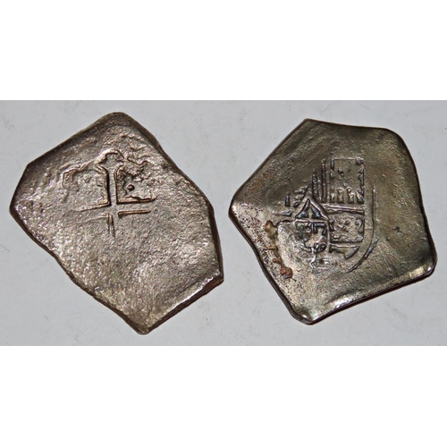 416 - Two Spanish shipwreck cobs ‘pieces of eight’, 17th century with officially certified and signed cert... 