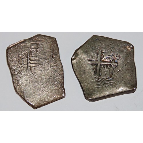 416 - Two Spanish shipwreck cobs ‘pieces of eight’, 17th century with officially certified and signed cert... 