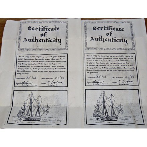 416 - Two Spanish shipwreck cobs ‘pieces of eight’, 17th century with officially certified and signed cert... 