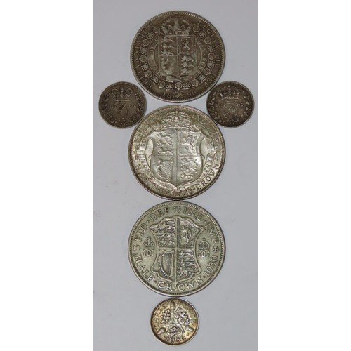 420 - Victoria 1837-1901, Halfcrown, Jubilee head 1890, Threepence coin 1864 and 1897 and George V 1910-36... 