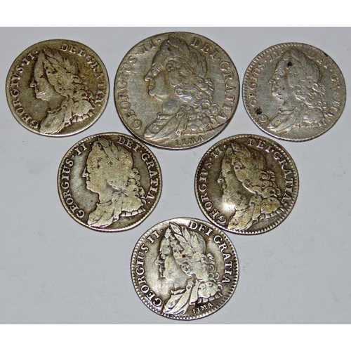 423 - George II 1727-1760 shilling 1745 Lima and sixpences. (6 coins).