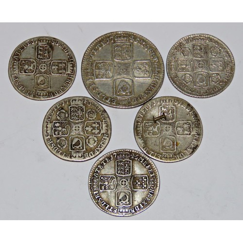 423 - George II 1727-1760 shilling 1745 Lima and sixpences. (6 coins).