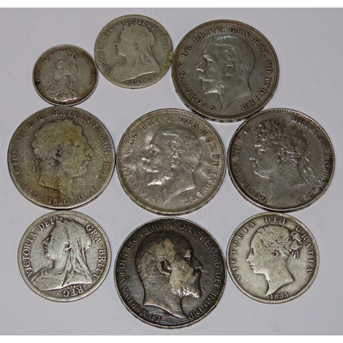 424 - Edward VII 1901-10, Crown 1902, George IV 1910-36 Crown 1821 and other British silver denominations ... 