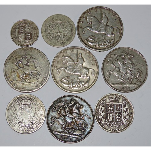 424 - Edward VII 1901-10, Crown 1902, George IV 1910-36 Crown 1821 and other British silver denominations ... 