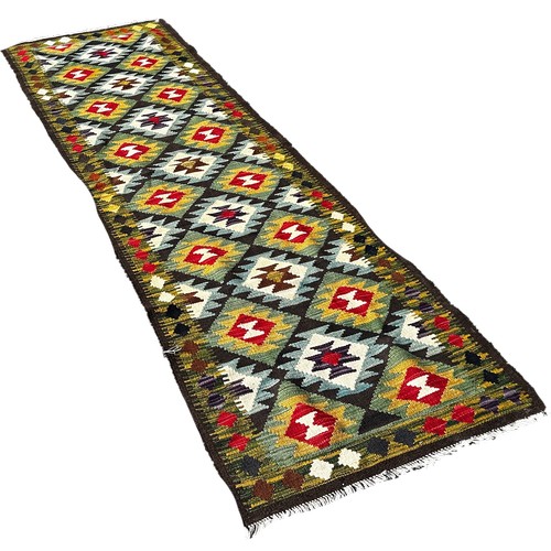 1700 - A Maimana Kilim runner with a central panel of stepped diamonds 291cm x 80cm approximately